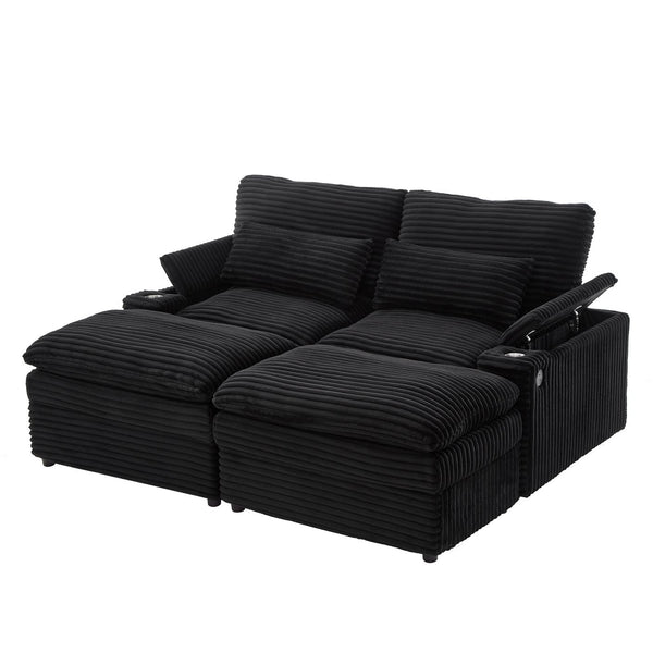 English Elm Loveseat Convertible Sectional Sofa Bed with Storage, Two Ottomans, Dual USB Ports & Cup Holders Black N719S002140B
