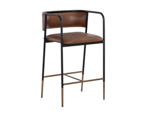 Sunpan Brenan Counter Stool - Elegant Curved Backrest, Unique Faux Leather, Black Metal Frame & Brass Caps Bravo Cognac