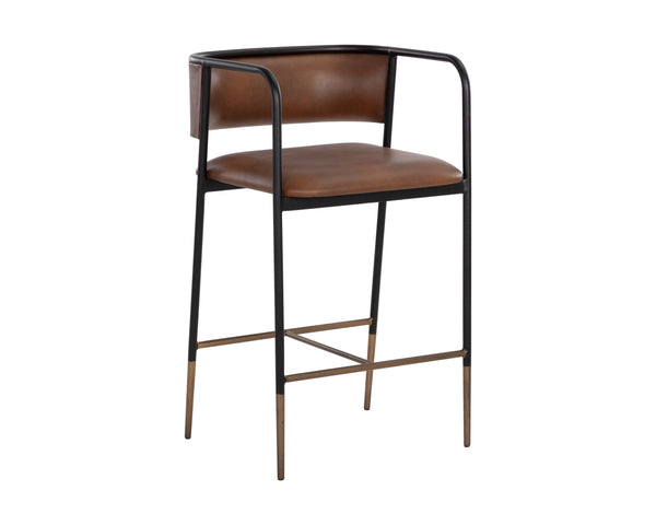 Sunpan Brenan Counter Stool - Elegant Curved Backrest, Unique Faux Leather, Black Metal Frame & Brass Caps Bravo Cognac