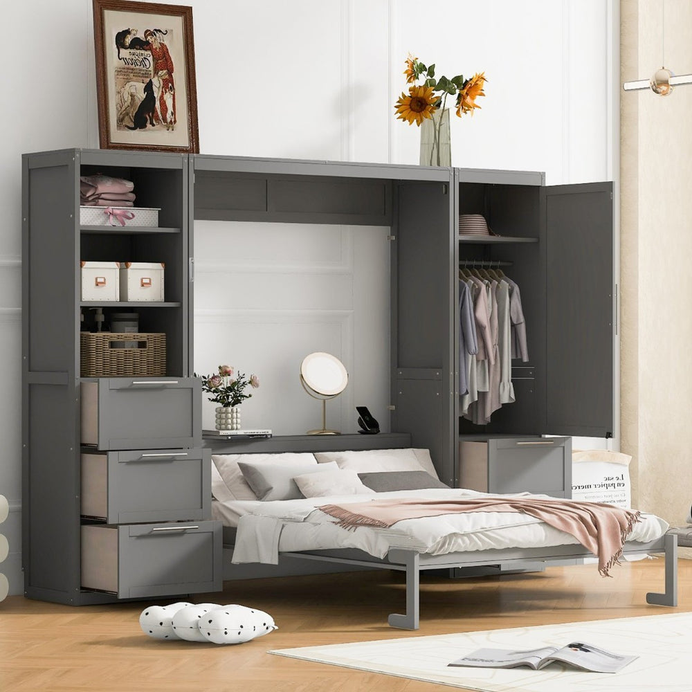English Elm Queen Murphy Wall Bed with Wardrobe Drawers and Shelves for Studio or Guest Room Gray LP000865AAE-1