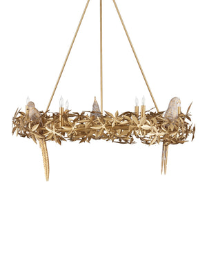 Currey & Company Aviary Gold Ring Chandelier - Elegant Botanical Design With Sculptural Birds And Adjustable Height Gold Wrought Iron ,Composite 9000-1320-currey-company