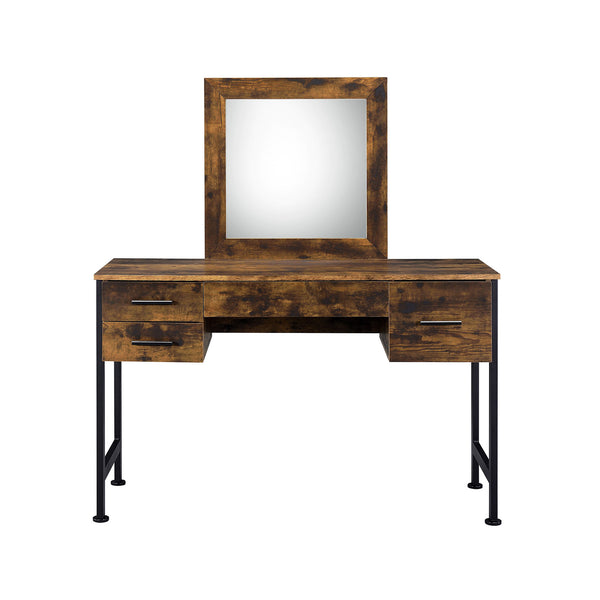 English Elm 4 Rustic Oak Vanity Set with Mirror and 4 Drawers — Industrial Metal Accents, Organized Makeup Storage B016P317100