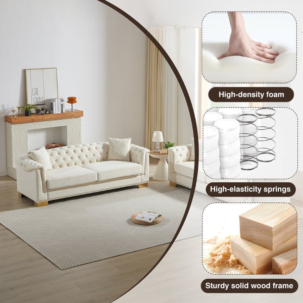 English Elm 3-seater Modular Chesterfield Velvet Sofa Tufted Gold Stud Detail for Elegant Living Rooms Beige W1926S00099