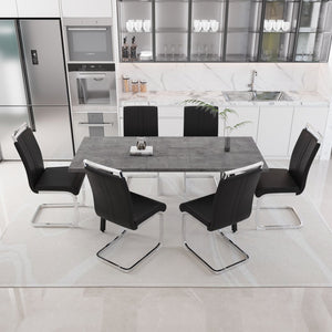 English Elm 55.12-70.87" Expandable Square Dining Table Set For 4-6, Modern Industrial Design With 6 Cushioned Chairs W2189S00403