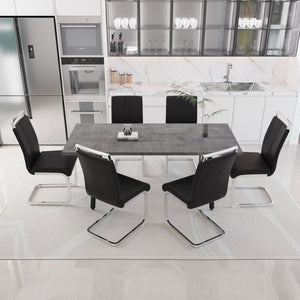 English Elm 55.12-70.87" Expandable Square Dining Set Seats Six with Cushioned Faux Leather Chairs Black+Grey W2189S00906
