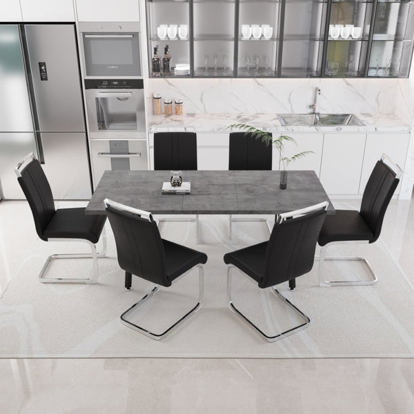 English Elm 55.12-70.87" Expandable Square Dining Set Seats Six with Cushioned Faux Leather Chairs Black+Grey W2189S00906