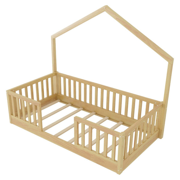 English Elm Twin Montessori Floor Bed House Frame with Led Lighting and Safety Rails for Kids W2593P440601
