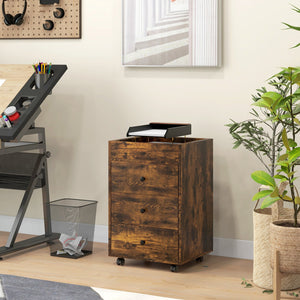 English Elm HOMCOM Mobile 3-Drawer Office Storage Cabinet with Removable Top Tray, Locking Wheels, Space-Saving Design Rustic Brown W2225P217759