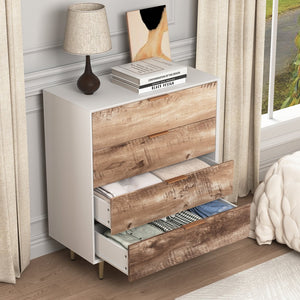 English Elm Wooden Tall 4 Drawer Dresser with Metal Legs, White+Natural Finish, Anti-Tip, Spacious Storage W409P171913