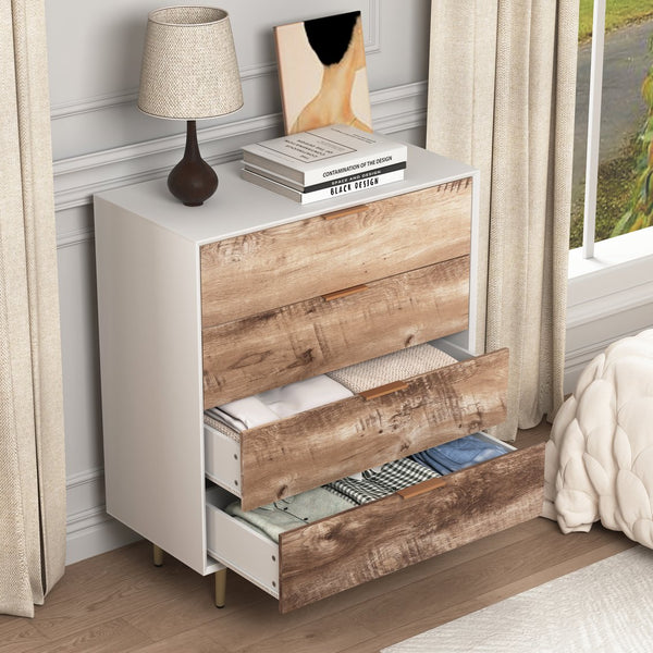 English Elm Wooden Tall 4 Drawer Dresser with Metal Legs, White+Natural Finish, Anti-Tip, Spacious Storage W409P171913