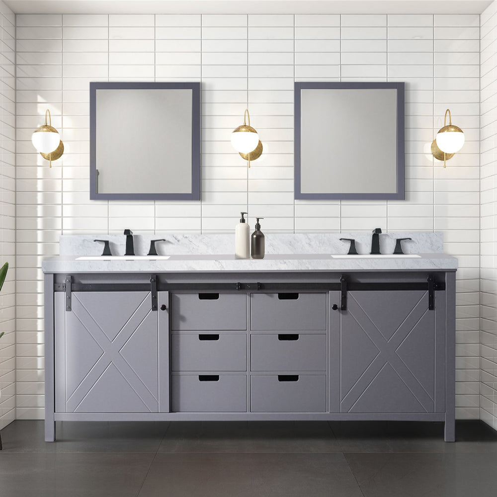 English Elm Dark Grey Double Bath Vanity With Elegant Carrara Marble Top - 80 In. W, Modern Storage Design B2731P260062