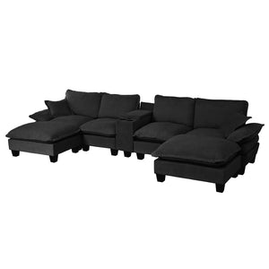 English Elm Modular Cloud Sofa U-shape Chenille Sectional with Storage Usb Charging Ottomans Black W3163S00123