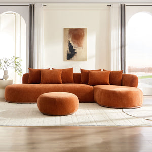 English Elm 134.6" Modern L-Shaped Sectional Sofa with Ottoman, Orange — Oversized 6-Pillow PU Leather Modular Comfort W3208S00008
