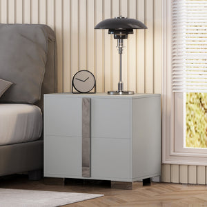English Elm Modern Two Drawer Nightstand with Slim Metal Legs and Mirrored Bar Handles for Bedroom Grey W5271P416539