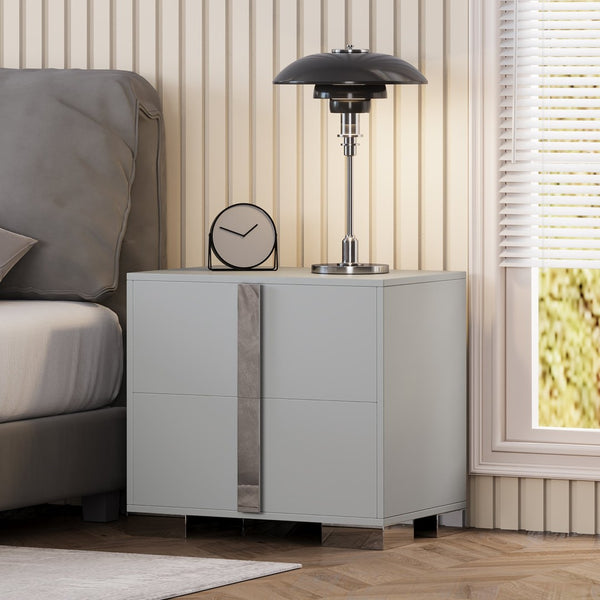 English Elm Modern Two Drawer Nightstand with Slim Metal Legs and Mirrored Bar Handles for Bedroom Grey W5271P416539