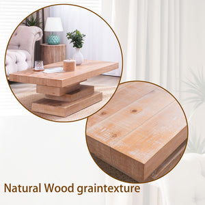 English Elm Modern Rustic Wood Coffee Table with Stacked-Block Base, Durable Manufactured Wood, Rectangular Centerpiece (51.6" x 27.2" x 8.3") W2729P298162