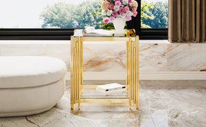 English Elm Modern Round Mirrored Glass End Table with Gold Metal Frame and Lower Display Shelf Transparent N735P380093K