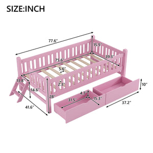 English Elm Wood Twin Platform Bed with Guardrail, Solid Pine Construction, 2 Underbed Drawers for Storage and Playroom Space Pink N709P242145H