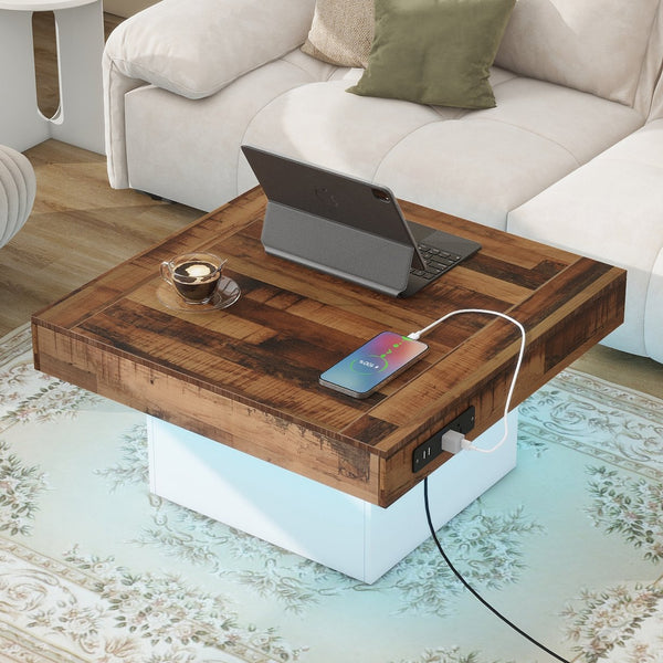 English Elm ON-TREND Spliced Wood Grain Coffee Table with App LED, 2 USB Ports & Outlets, Rustic White Brown N721P189320K