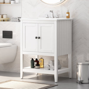 English Elm 24" Morandi White Bathroom Vanity with Ceramic Sink, Solid Wood Frame & Open Shelf, Modern Elegance N725P189823K