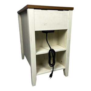 English Elm Farmhouse Nightstand with Charging Station and Barn Door Drawer — USB-C, AC Outlets, Compact Storage Brown+White W1412P230407