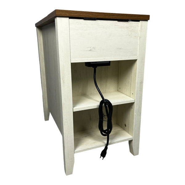 English Elm Farmhouse Nightstand with Charging Station and Barn Door Drawer — USB-C, AC Outlets, Compact Storage Brown+White W1412P230407
