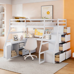 English Elm Full Size Kids Loft Bed with Integrated Desk Seven Drawers and Open Shelving White LT000649AAK-3