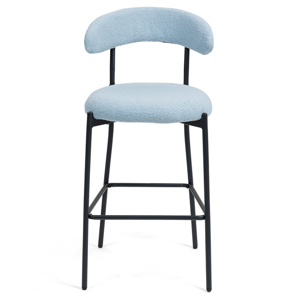 English Elm 26'' Teddy Counter Height Bar Stool Blue Fabric Cover with Soft Cushion, Stylish Backrest, Black Powder-Coated Base and Footrest for Kitchen Island (Set of 1) W2215P292148