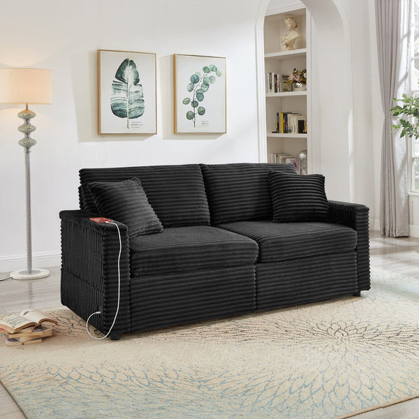 English Elm Comfortable Plush Corduroy Sofa with Hidden Storage Ottoman, USB Charging and Lift-Up Tabletop Black W3705S00010