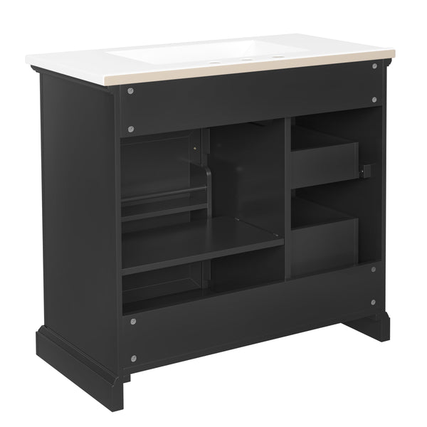 English Elm 36-Inch Modern Bathroom Vanity with Ceramic Basin, 4 Drawers & Soft-Close Door, Pre-Drilled Faucet Ready, Durable MDF and Solid Wood Construction (36"L x 18.3"W x 33.4"H) Black N725P296118B