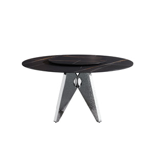 English Elm 59.05" Round Marble Dining Table With Silver Stainless Steel Base, Lazy Susan For 6-8 Guests, Elegant Design W1535S00392