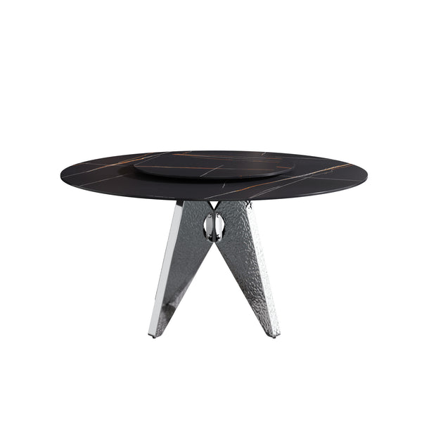 English Elm 59.05" Round Marble Dining Table With Silver Stainless Steel Base, Lazy Susan For 6-8 Guests, Elegant Design W1535S00392