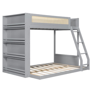 English Elm Twin Over Full Bunk Bed with Cane Guardrail Led Lighting and Built-in Bookshelf Gray LT000351AAE