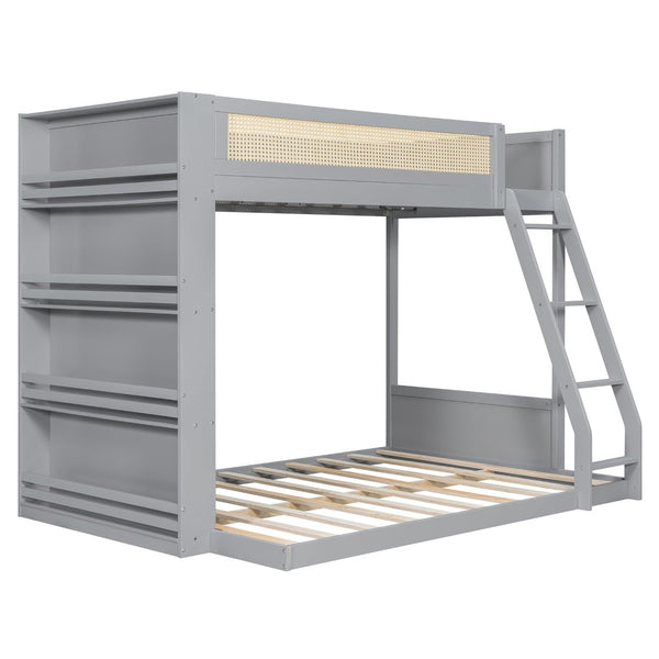 English Elm Twin Over Full Bunk Bed with Cane Guardrail Led Lighting and Built-in Bookshelf Gray LT000351AAE