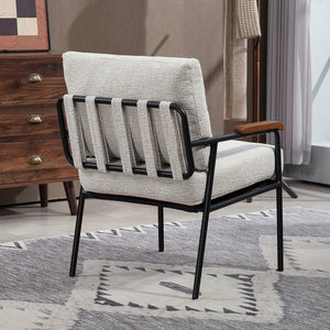 English Elm Modern Accent Chair with Natural Wood Arms, Black Metal Frame, Plush High-Rebound Cushion Comfort Beige W2215P248476