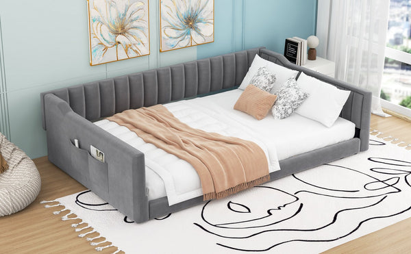 English Elm Full XL Upholstered Daybed with Velvet Channel Tufting, Tapered Dowel Legs & Side Storage Pocket Gray DL002211AAE