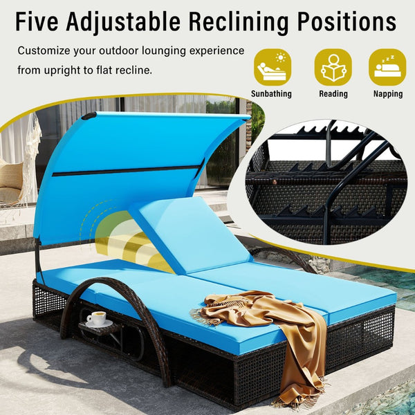 English Elm U_style Outdoor Double Sun Lounger Hdpe Wicker Steel Frame with Canopy Pop up Tables Blue WY000485AAC