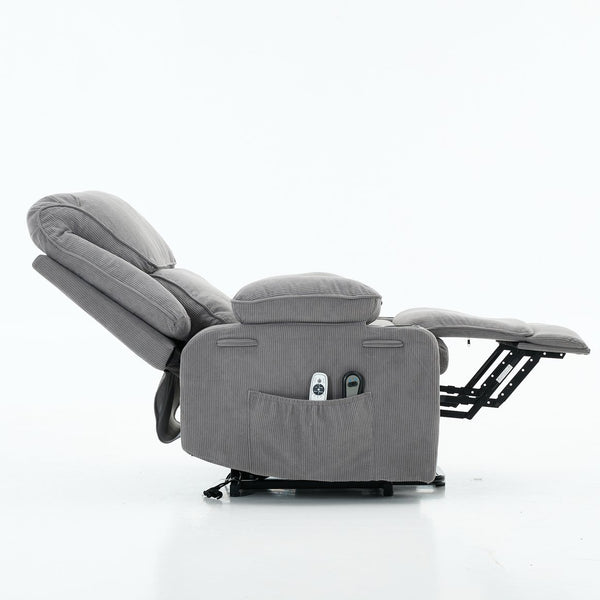 English Elm Gray Corduroy Recliner with Heated Massage, Remote & Assistive Lift, Cup Tray for Seniors Comfort W570P320447
