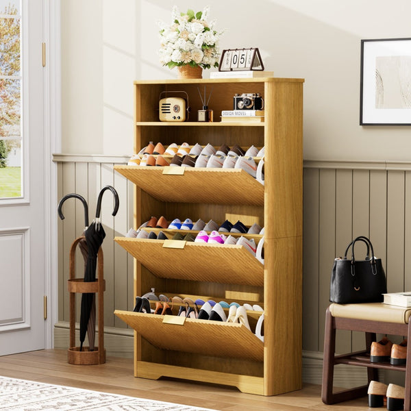 English Elm Shoe Cabinet Slim Entryway Organizer with Flip Compartments Wave Front and Gold Hardware Natural W1162P384348