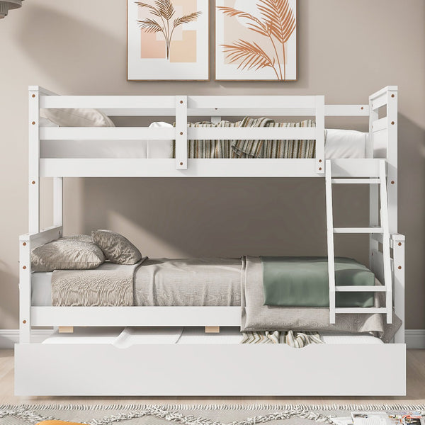 English Elm Twin Pine-over-Full Bunk Bed with Attached Ladder, Trundle & Full-Length Guardrail for Space-Saving Rooms White SM000208AAK-1