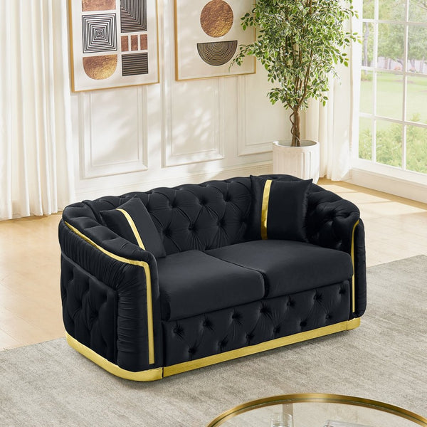 English Elm 62.6 Inch Chesterfield Velvet Loveseat with Gold Steel Trim Button Tufted Luxury Seating Black W1191S00090