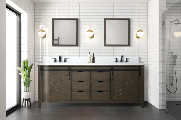English Elm Rustic Double Bath Vanity 84" W x 22" D with Two Sinks, Mirror Set & Ample Storage, Fully Assembled B2731S00579