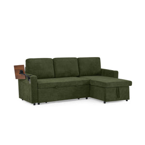 English Elm Modern Chenille Sofa Bed With Retractable Table, Led Lights, Usb Ports & Cup Holders – Green Comfort W1413S00097