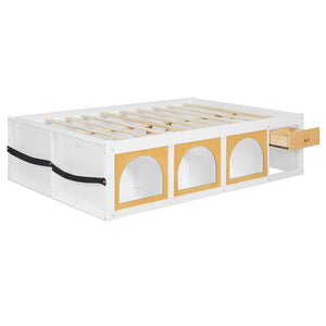 English Elm Full Size Kids Platform Bed with Led Lighting Bookshelf Display Cabinet and Storage Drawer White+Natural N820S00077K
