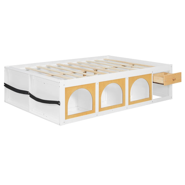 English Elm Full Size Kids Platform Bed with Led Lighting Bookshelf Display Cabinet and Storage Drawer White+Natural N820S00077K