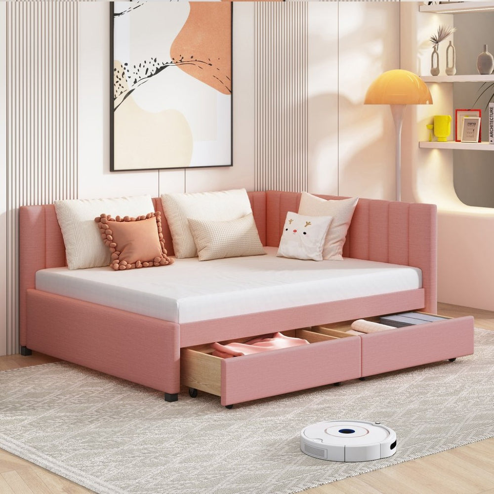 English Elm Full Size Linen Upholstered Daybed with Storage Drawers Sofa Bed for Guest Rooms Pink LP000172AAH-1