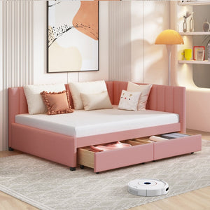English Elm Full Size Linen Upholstered Daybed with Storage Drawers Sofa Bed for Guest Rooms Pink LP000172AAH-1