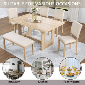 English Elm 6 Piece Light Oak Dining Set with Bench Upholstered Linen Chairs U-shaped Base W1998S00094