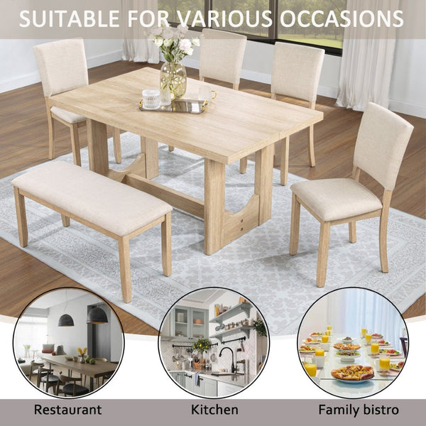 English Elm 6 Piece Light Oak Dining Set with Bench Upholstered Linen Chairs U-shaped Base W1998S00094