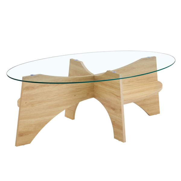 English Elm Oval Tempered Glass Coffee Table with Wood Grain Legs and Built-in Fan Tray Shelf W1151P256007